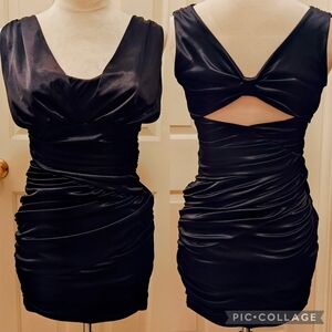Vtg 90s Speechless Black Satin Bodycon Party Dress w Ruching, Open Back Keyhole.